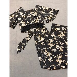 FATE Floral Boho Whimsical Print Crop Top Crotchet Wide Leg Pants Set Black SZ M